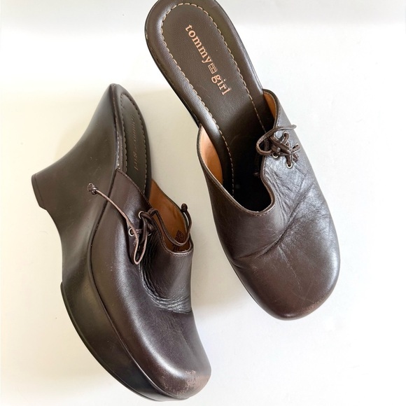 Tommy Girl Hilfiger Vintage 90s Y2K Chunky Clog Leather Platform Wedges - Picture 1 of 9